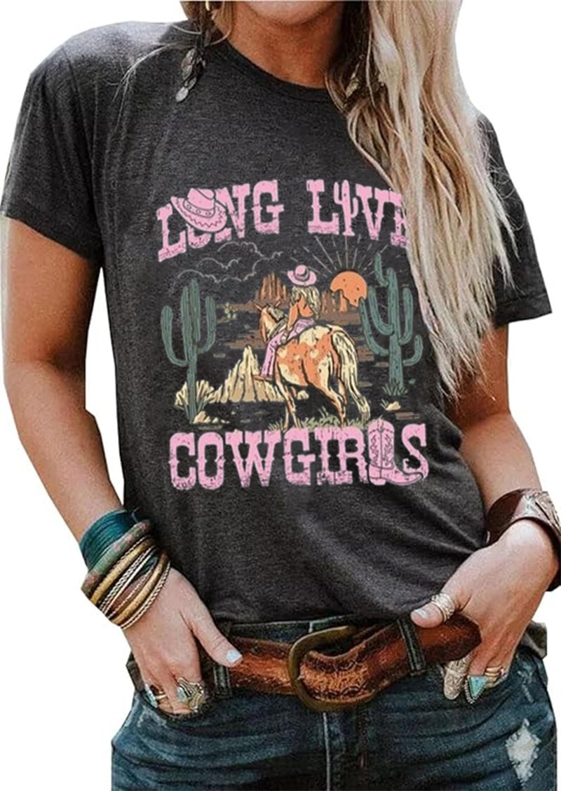 Western Cactus Horse T-Shirt Cactus Shirts for Women Desert Horse Graphic Tee Casual Cowgirl Vintage Short Sleeve Tops(X-Large,A-Dark Grey)
